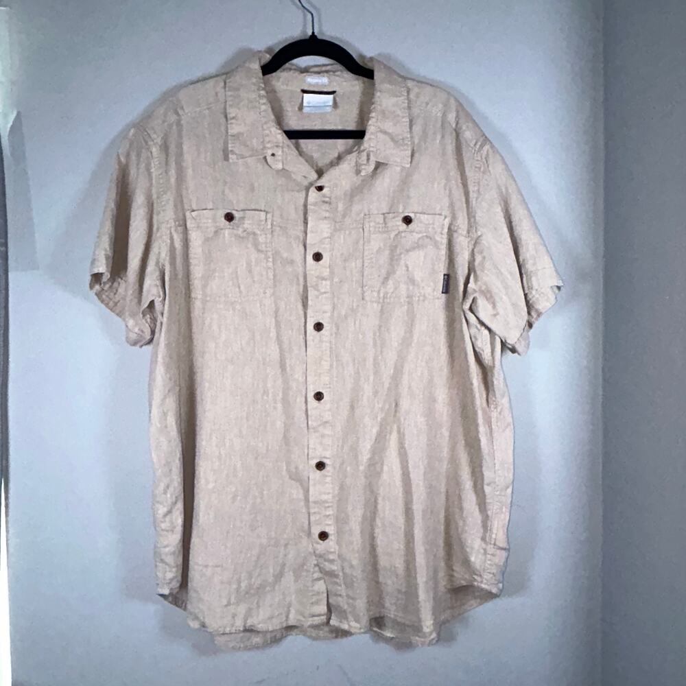 Columbia Tan SS Button Up, Regular Fit, Hemp & Cotton, Mens Sz XL